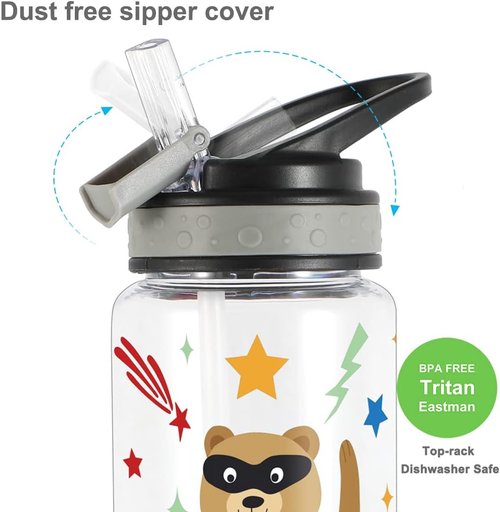 Home Tune 23oz Kids Water Bottle - BPA Free, Leak Proof Flip Straw, Easy Clean, Carry Handle | Flash Bear