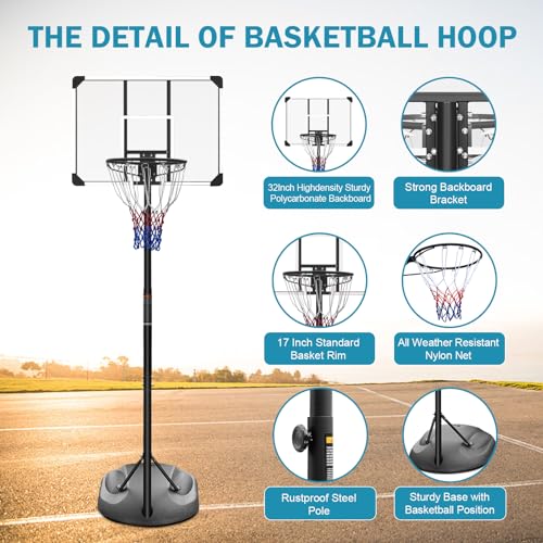 Portable Basketball Hoop System with Adjustable Height, 32-In Shatterproof Backboard - White