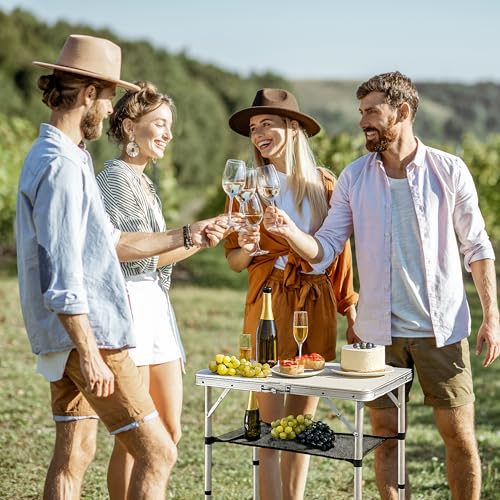Portable Aluminum Camping Table - Small Foldable Picnic & Travel Desk, Silver & Sage Gray, 24 x 16 Inches, Adjustable Height