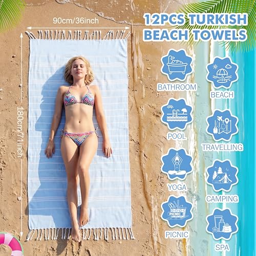 HunnmingRe 12-Pack Turkish Beach Towels Set 71x36 Sky Blue Wedding Favors