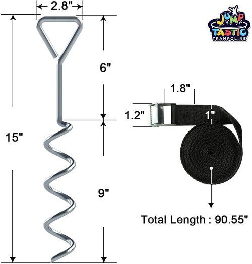 Jump Tastic Trampoline Anchors - 8 Heavy-Duty Anti-Rust Stakes & Straps for High Wind Stability