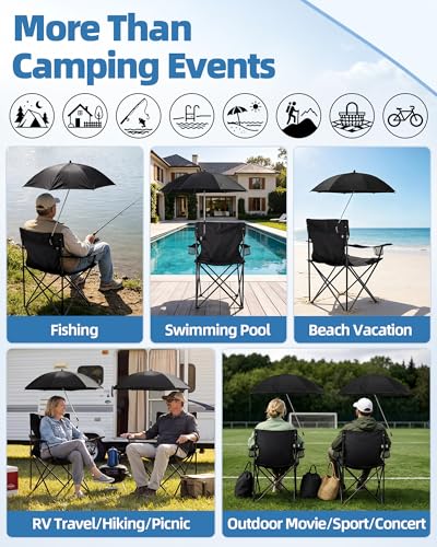 HaSteeL 2 Pack Black Folding Camping Chairs with Detachable UV Umbrellas, Portable Beach & Lawn Chairs, Supports 275lbs