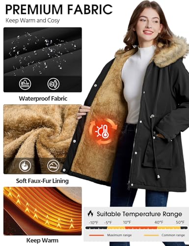 Women Winter Coat with Fleece Lining & Faux Fur Hood - Large, Black