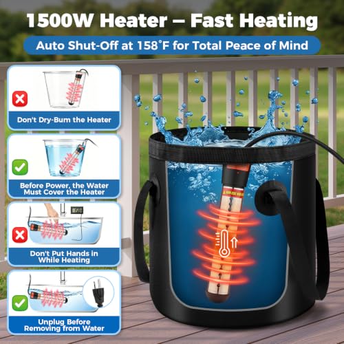 Ivuqa Portable Camping Shower with Heater - Black, 20L Foldable Bucket, Rechargeable Pump, IPX8 Waterproof, Auto-Off Heated, LED Display for Hiking & Travel