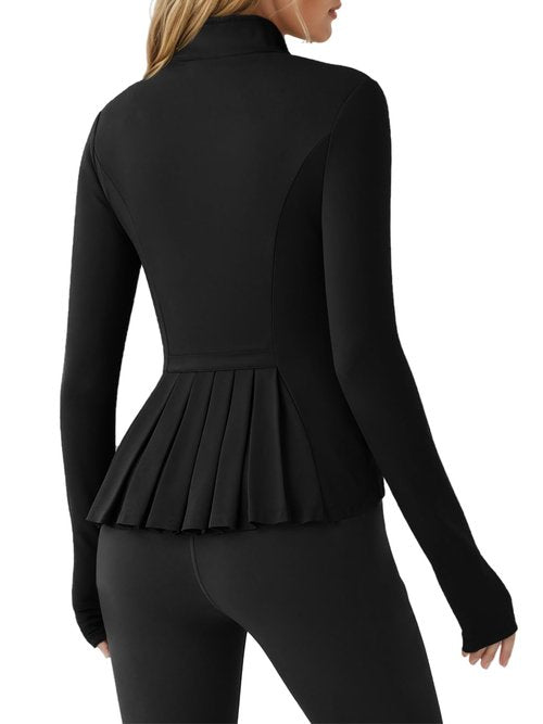 Fisoew Women's Zip Up Workout Jacket Pleated Lightweight Slim Fit Stand Collar Thumb Hole Tops with Pockets