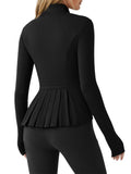 Fisoew Women's Zip Up Workout Jacket Pleated Lightweight Slim Fit Stand Collar Thumb Hole Tops with Pockets