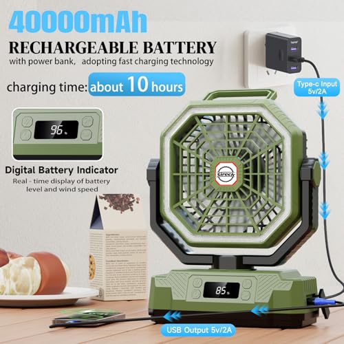 Rechargeable Camping Fan 10.8 Inch Portable Fan with Power Bank & Light - Green