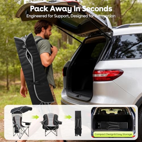 Camping Chair with Canopy Shade - Folding Outdoor Beach Chair, Black, 1 Pack