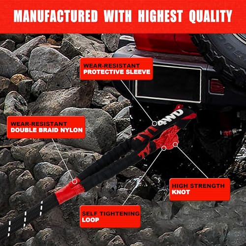 1in x 30ft Heavy Duty Kinetic Recovery Rope with Soft Shackles - 48,500lbs Towing Kit