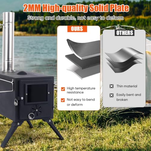 Black Portable Wood Burning Tent Stove with Chimney Pipes for Outdoor Heating and Cooking