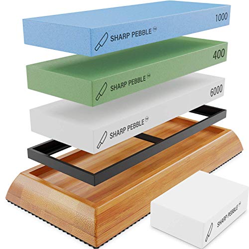 Sharp Pebble 8-inch Whetstone Knife Sharpening Kit with Grits 400/1000/6000 & Flattening Stone