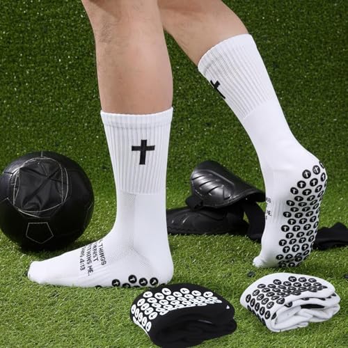 Soccer Socks with Bible Verse - Unisex Cross Embroidered Athletic Socks, Size 6-13, White/Black, 6 Pairs