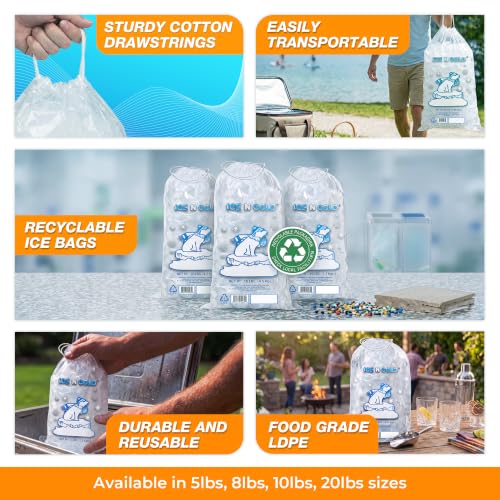ICE N COLD 8lb Ice Bags (400 ct) with Cotton String, Food Grade, Reusable