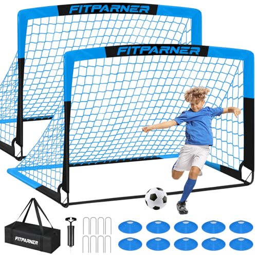FITPARNER Kids Soccer Goals Set 6x4 FT Blue/Black Portable Pop Up Nets with Ball & Cones