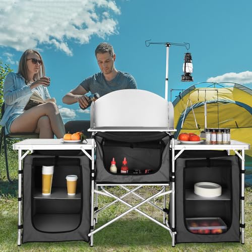 Camping Kitchen Table with Storage & Windscreen - Black, Folding Outdoor Cooking Station with Cupboard