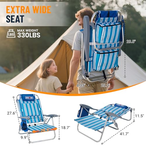 Overmont 1pc Low Beach Chair with Cooler Bag & 6-Position Recline