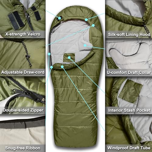 Loden Green 0°F Mummy Sleeping Bag for Adults & Youth - XXL 4-Season Warm Camping