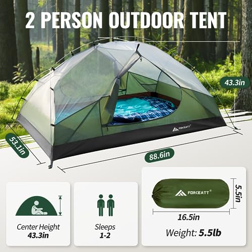Forceatt 2P Green Waterproof Windproof Camping Tent for 2 People - Lightweight & Easy Setup