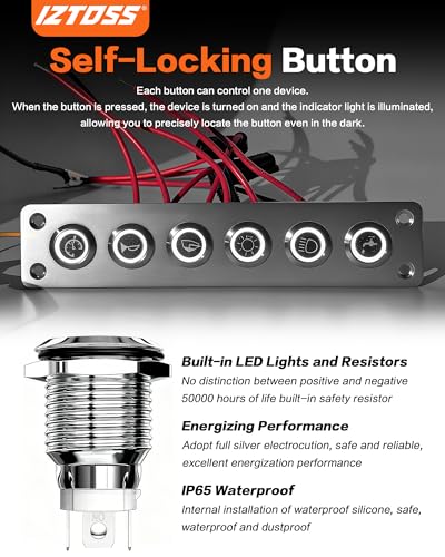 Marine Rocker Switch Panel 6 Gang Aluminum with White LED Indicator - 12-24V, Waterproof