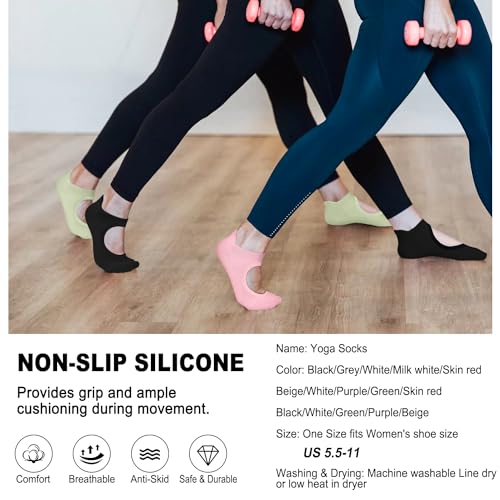 Non-Slip Pilates Socks for Women - Black, White, Green, Purple, Beige - 5 Pairs
