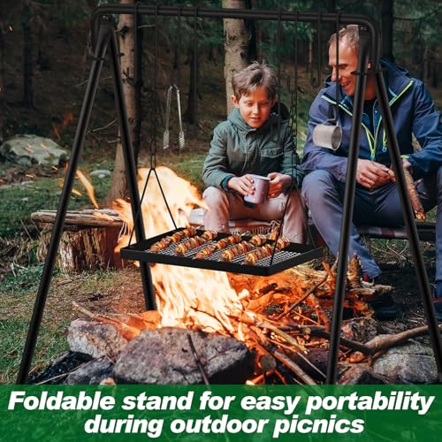 Rossesay Medium Tray Campfire Swing Grill Stand with 8 Hooks & Adjustable Cooking Surface