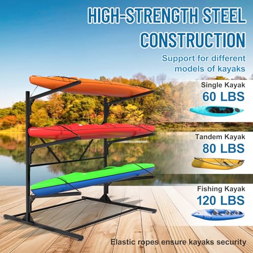 Heavy Duty Freestanding Kayak Rack for 3 Kayaks, Canoes & Paddle Boards - Adjustable Storage Stand - Outdoor & Garage Organization