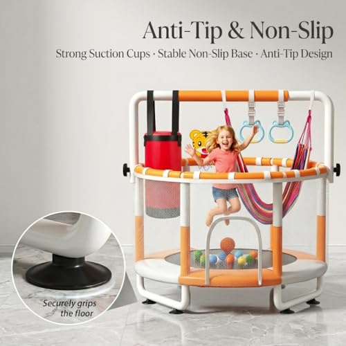 55-Inch Kids Mini Trampoline with Net & Adjustable Bar - White, Heavy Duty Steel Indoor Outdoor Play Gym