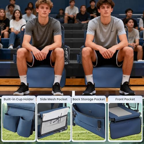2 Pack Portable Stadium Seat with Cup Holders & Armrests, Foldable Bleacher Chair with Back Support, Blue & Gray