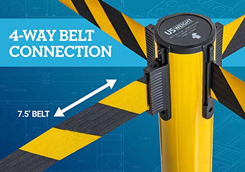 US Weight Yellow Steel Crowd Control Stanchion with 7.5-Foot Retractable Chevron Belt