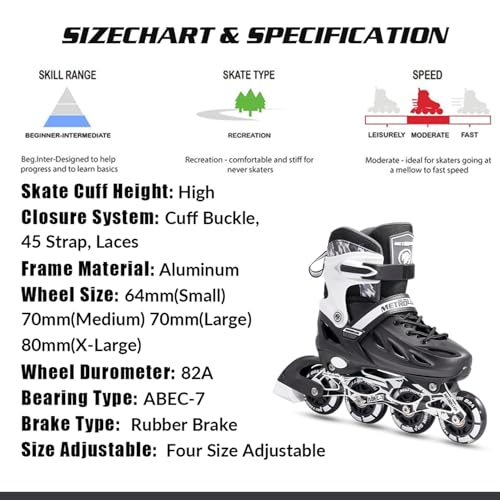 METROLLER Adjustable Inline Skates for Kids & Adults, Black XL (7-10 US) with Illuminated Wheels