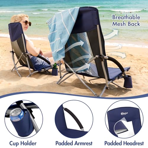 Portable Beach Chair for Adults - Deep Blue 2-Pack Lightweight Folding Camping Chair with Cup Holder & Mesh Back Support