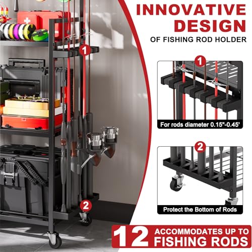SEEAHEAD Black 12-Rod Garage Fishing Tackle Storage Cart with Wheels