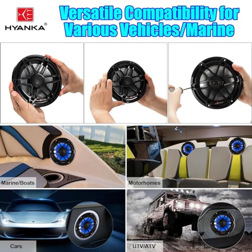 H YANKA Black Marine 6.5-Inch Speakers with 750W Power, IP67 Waterproof, Blue LED Pair