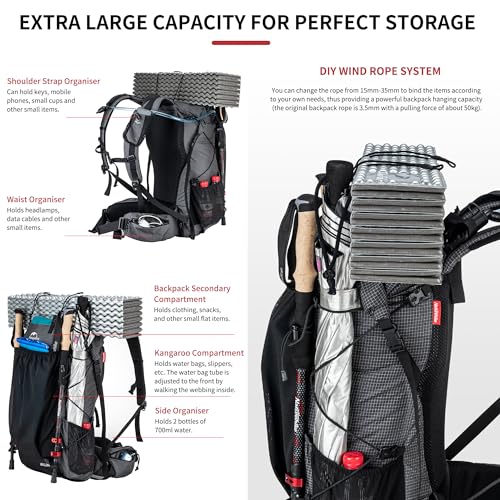 Ultralight 65L Hiking Backpack with Rain Cover - Black, Upgraded Rock Model