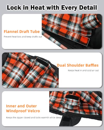 XplrKamp XXL 4-Season Cotton Flannel Sleeping Bag for Adults, Big & Tall, Carbon/Pumpkin