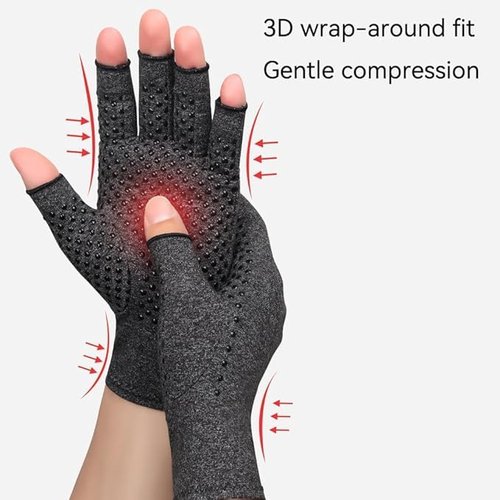 Sieafan 2 Pairs Bamboo Compression Gloves - Bamboo Arthritis Gloves for Men Women - Fingerless Compression Gloves (Black+Gray, Large)