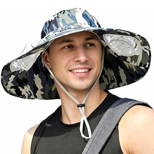 Men's Wide Brim Sun Hat with 2 Fans - Summer Cooling Bucket Hat, Large Navy
