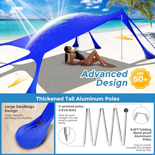Navy 10x10FT Pop Up Beach Tent with 8 Sandbags & Aluminum Poles - UV50+ Sun Shelter for Family Outdoor Camping & Picnic