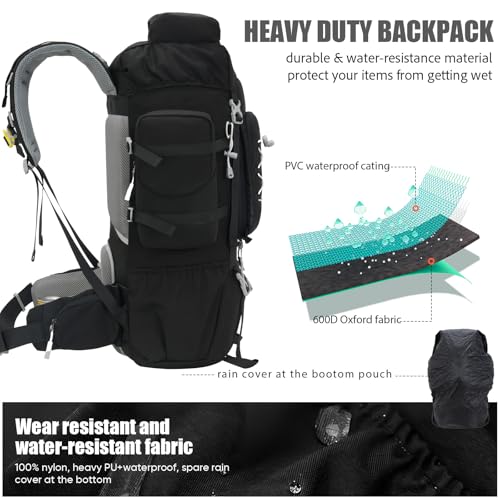 Waterproof Hiking Backpack 70L with Rain Cover for Camping & Climbing - Black