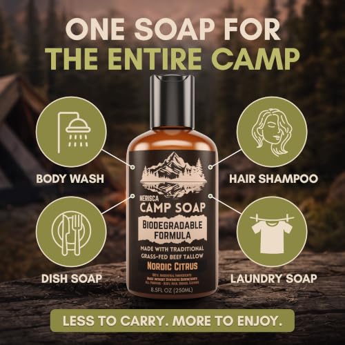 Nordic Citrus Biodegradable Camping Soap with Beef Tallow - 8.5 oz All-in-One Dish, Body & Hair Wash