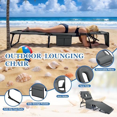 Grey 3-in-1 Outdoor Folding Sun Tanning Lounge Chair with Adjustable Backrest & Face Openings - Pool & Beach