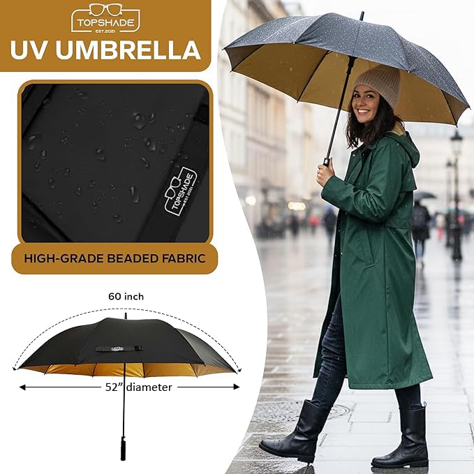 TopShade Golf Umbrella 60 Inch - Large 52-Inch Diameter Single Canopy, Wind Resistant Fiberglass Frame, Gold UV Protection, Auto Open - Black/Gold