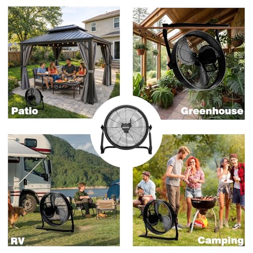 Black 18-Inch Solar Powered Fan with Metal Blades & Brushless Motor – Portable Rechargeable Floor Fan for Home, Outdoors, Camping