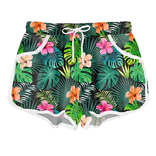 Women Board Shorts Hawaiian Tropical Print Beach Swim Shorts with Pockets - Medium Floral Palm