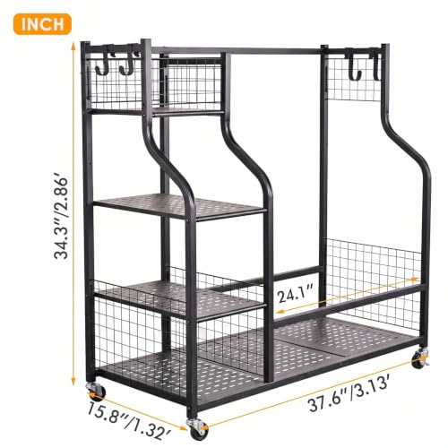 Golf Bag Garage Storage Organizer for 2 Bags - Black, Heavy Duty Metal Rack with Shelves & Hooks
