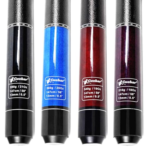 CUEBAR 4-Piece 58-Inch Pool Cue Set with Purple, Red, Blue, Black, 18-21Oz