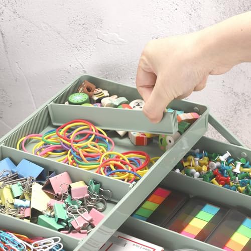 Green 15-Inch Extra Large Art & Craft Storage Box with 3-Layer Folding Trays