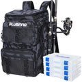 Water-Resistant Fishing Tackle Backpack with Rod Holders & 4 Tackle Boxes - 42L, Black Camo