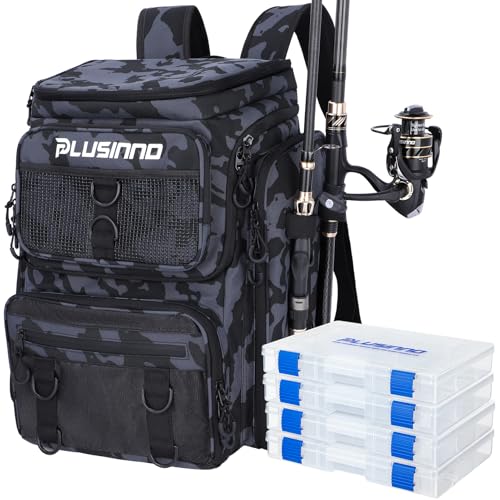 Water-Resistant Fishing Tackle Backpack with Rod Holders & 4 Tackle Boxes - 42L, Black Camo