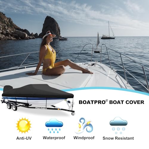 BOATPRO 20-22ft Trailerable Boat Cover with Outboard Motor Protection, Waterproof Marine Canvas, Black